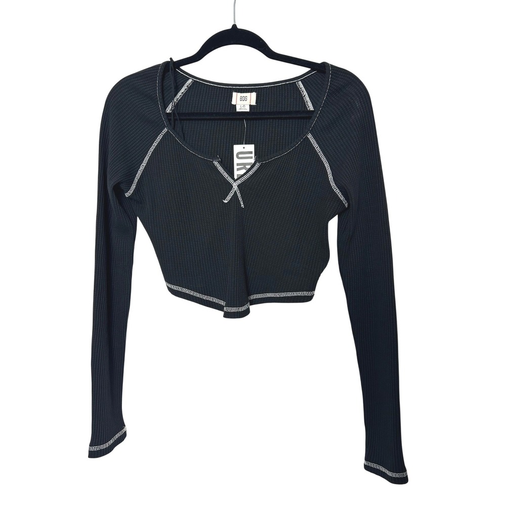 BDG Crop Top Women L Black Waffle Knit Grunge Indie Thermal Y2K New